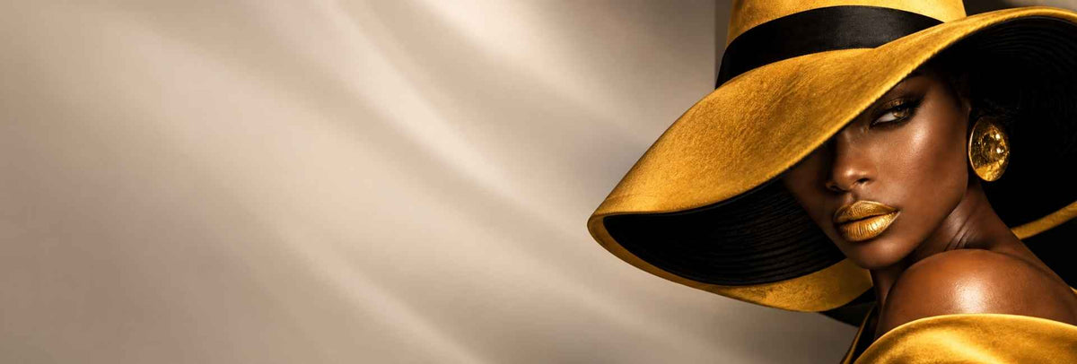 Modella con cappello ampio e trucco dorato – Dynamic PMU