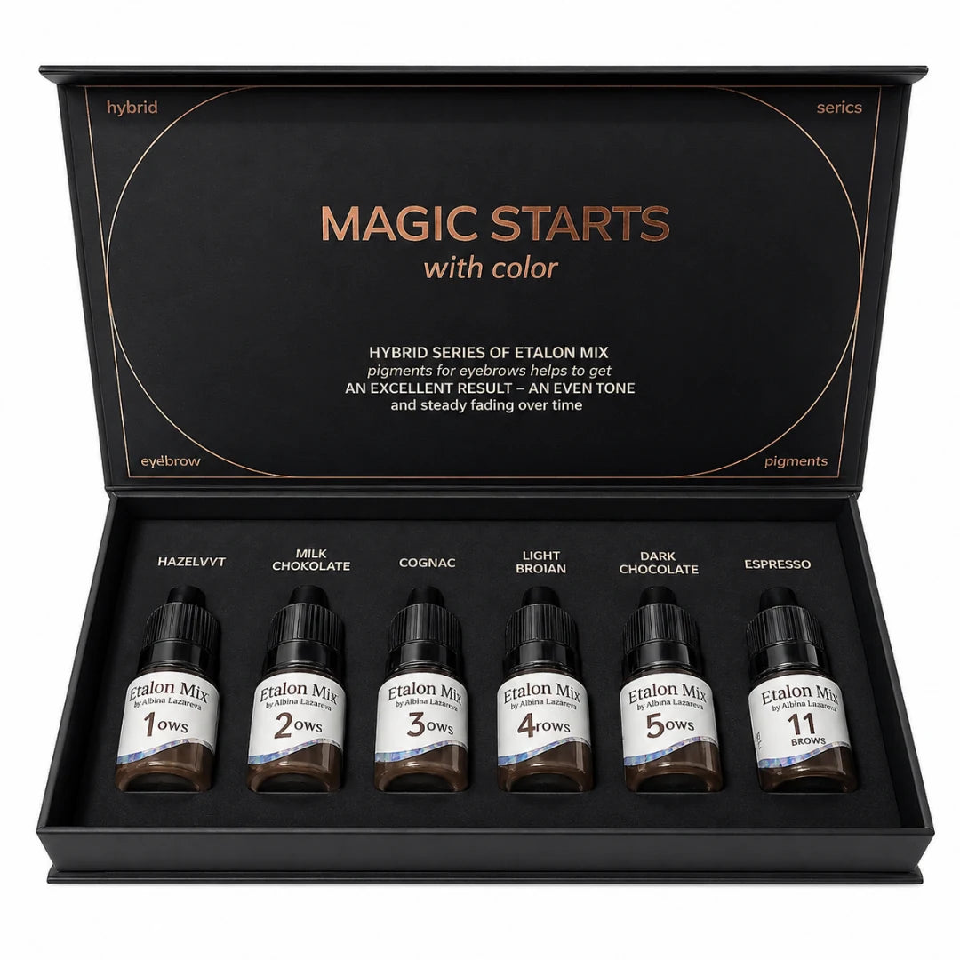 Etalon Mix Brow Hybrid Series – geöffnetes Set mit sechs Augenbrauenpigmenten