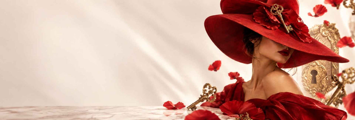 Modella con cappello rosso tra petali e chiavi dorate – Etalon Mix