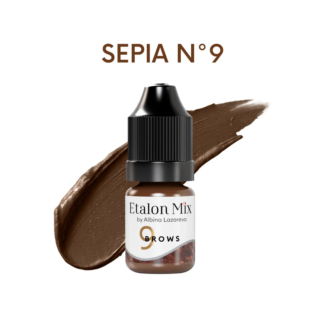 Etalon Mix Sepia N°9 pigmento PMU sopracciglia – flacone e campione colore