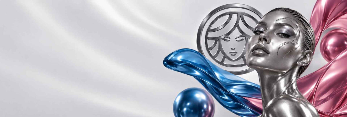 Ritratto femminile argentato con forme metalliche blu e rosa – FACE