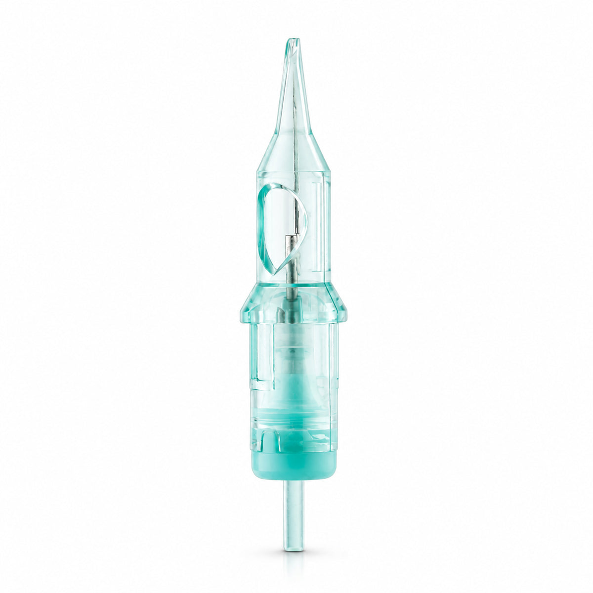 Cartuccia ago PMU IGLA Round Liner verde trasparente su sfondo bianco