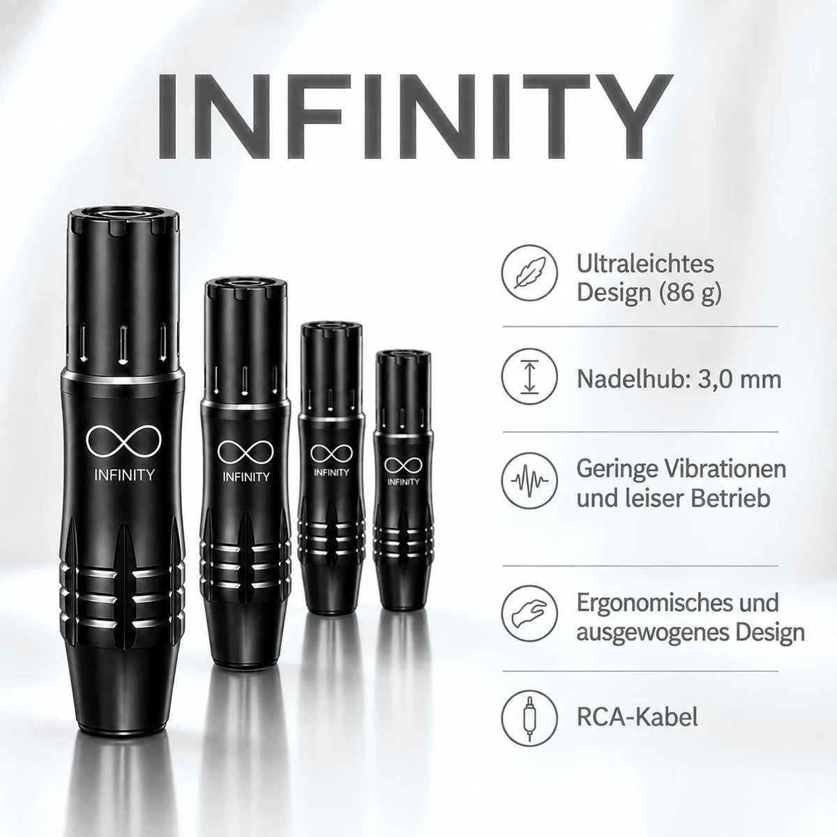 Infinity Mini, Grafik mit 86 g Gewicht und 3,0 mm Nadelhub