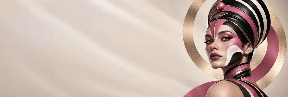 Ritratto femminile con copricapo geometrico nero, rosa e oro – Kwadron