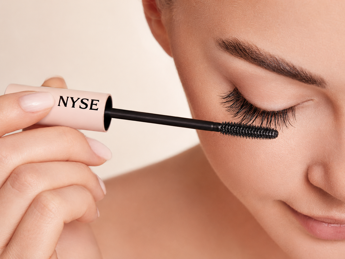 Applicazione del mascara NYSE Water Base sulle ciglia con scovolino nero per volume, allungamento e definizione.