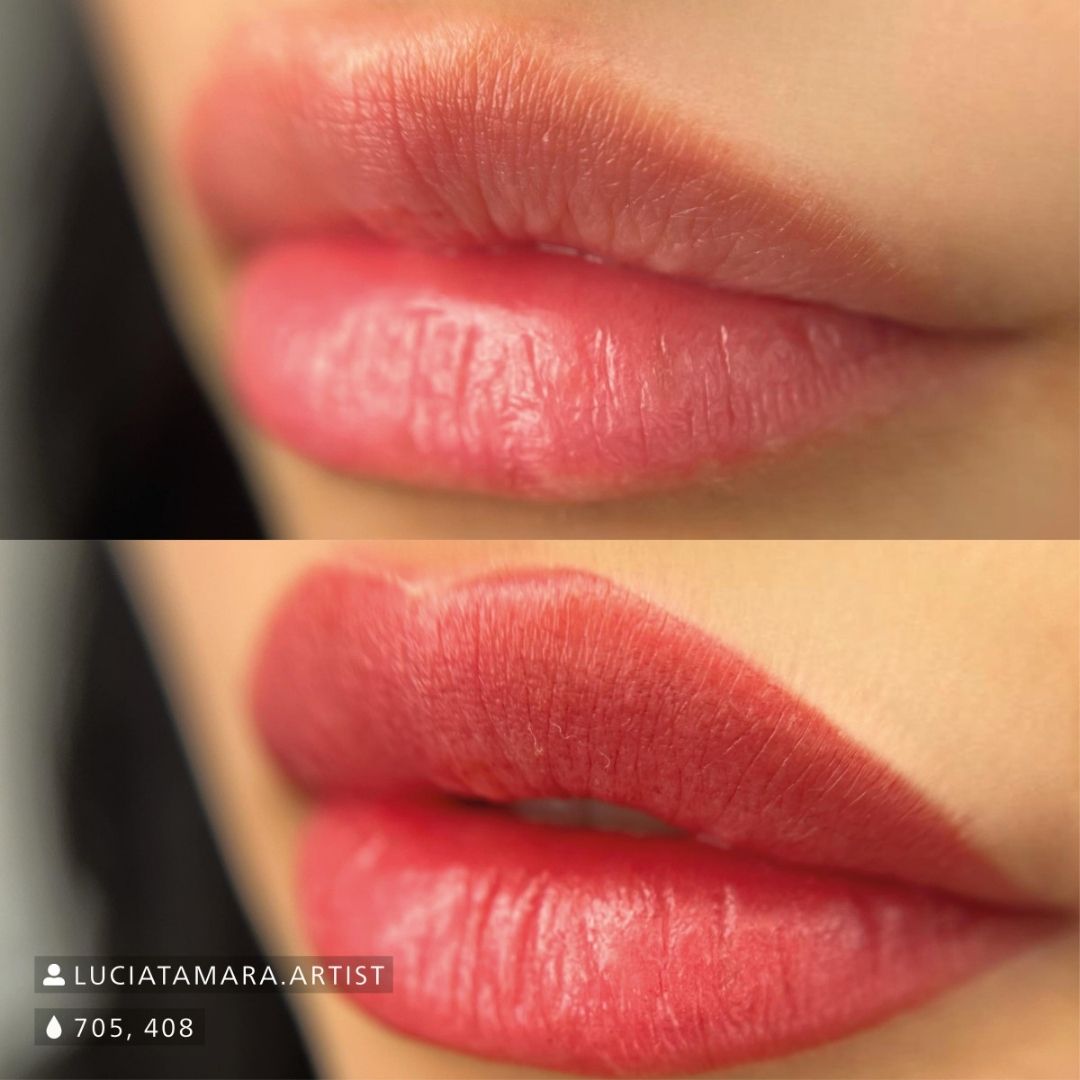 Risultato di trucco permanente labbra realizzato con Swiss Color 705 Dark Umbra e 408 Maroon Red, tonalità corallo nude calda e uniforme.