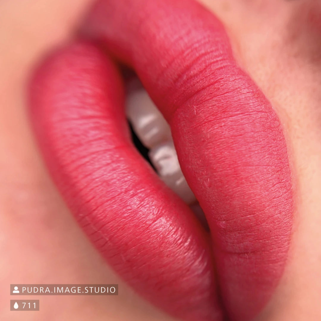 Swiss Color 711 Romantic Rouge: esempio applicativo di trucco permanente, con pigmenti indicati nella foto