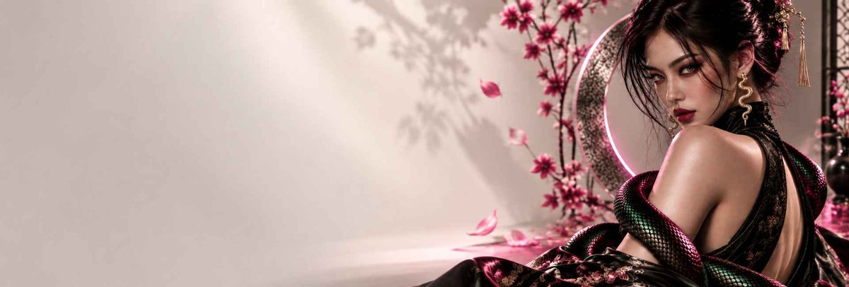 Modella con serpente scuro e fiori rosa sullo sfondo – Viper