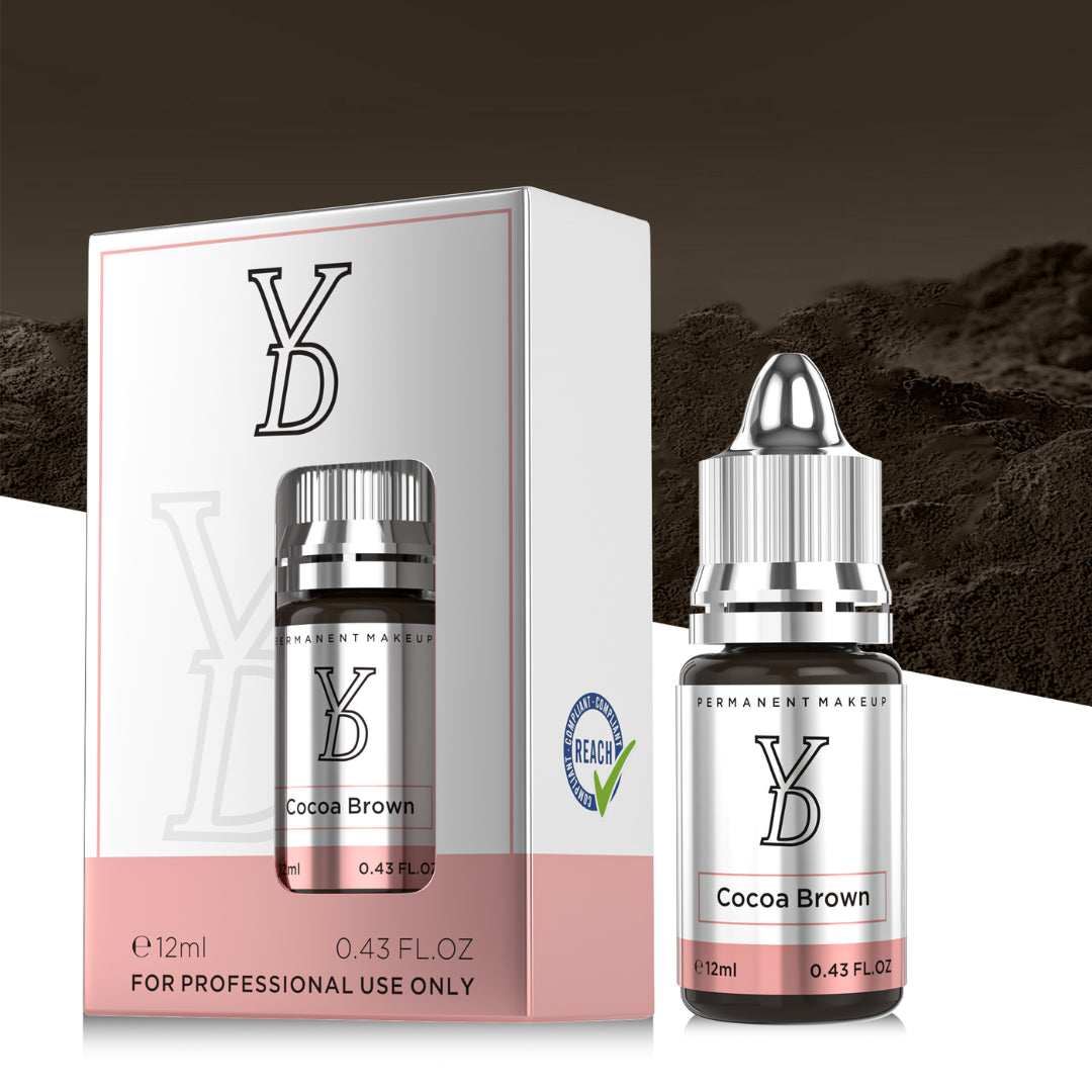 Packaging originale YDPMU Cocoa Brown pigmento PMU professionale 12 ml conforme REACH per tecniche Powder Brows e Ombre Brows