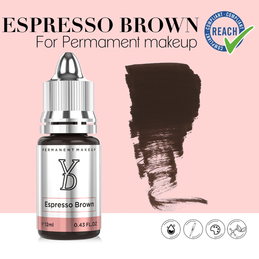 Swatch pigmento YDPMU Espresso Brown marrone scuro neutro alta saturazione per sopracciglia PMU professionali