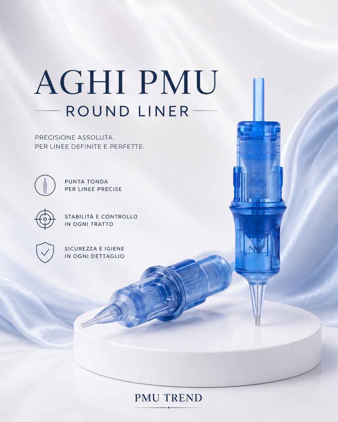 Aghi Round Liner PMU professionali per linee, contorni e dettagli di precisione nella micropigmentazione