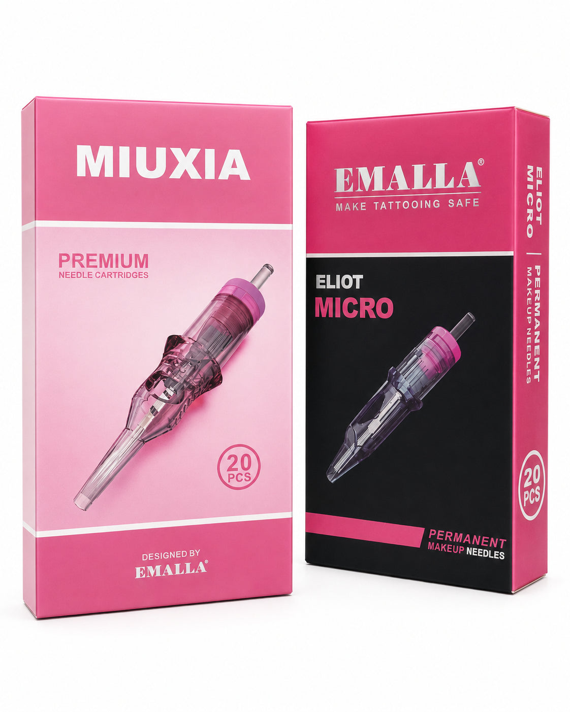 Cartucce aghi PMU Emalla Miuxia rosa trasparente per trucco permanente, dettaglio ravvicinato su sfondo bianco.
