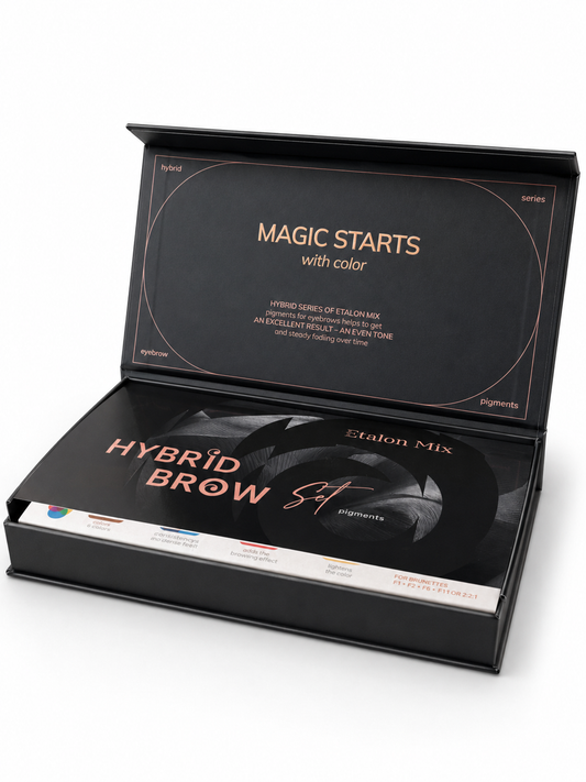 Confezione aperta Etalon Mix Brow Hybrid Series con astuccio interno del set di pigmenti ibridi per trucco permanente sopracciglia.