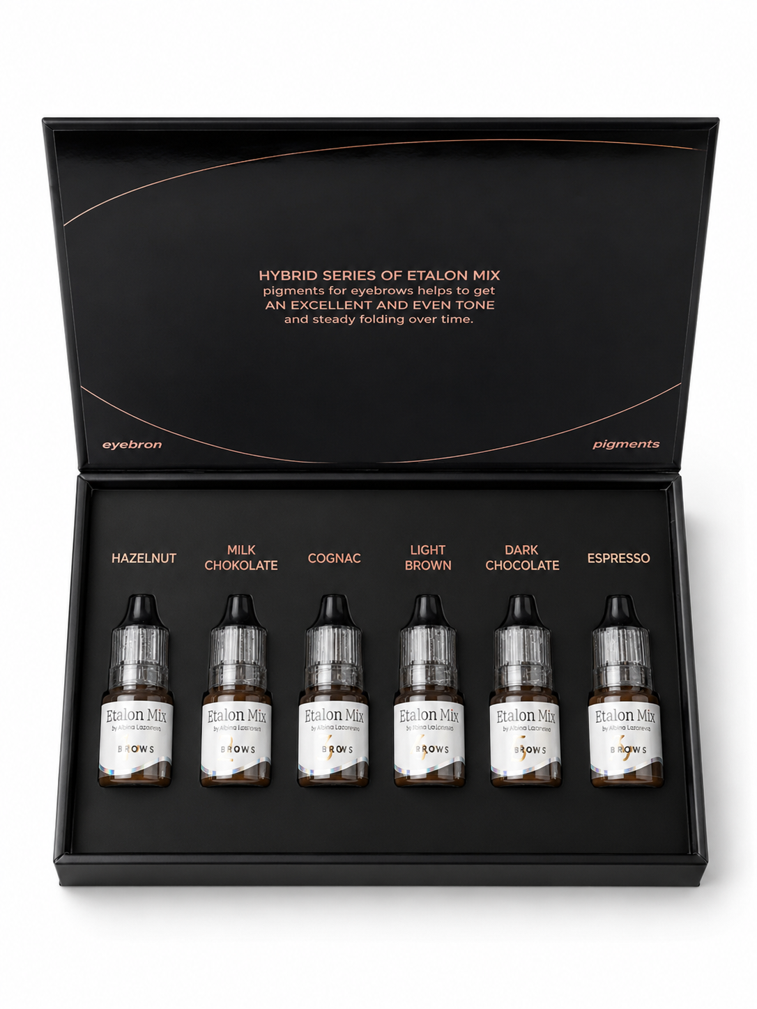 Set Etalon Mix Brow Hybrid Series aperto con sei pigmenti PMU per sopracciglia: Hazelnut, Milk Chocolate, Cognac, Light Brown, Dark Chocolate ed Espresso.