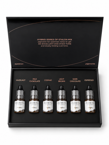 Set Etalon Mix Brow Hybrid Series aperto con sei pigmenti PMU per sopracciglia: Hazelnut, Milk Chocolate, Cognac, Light Brown, Dark Chocolate ed Espresso.