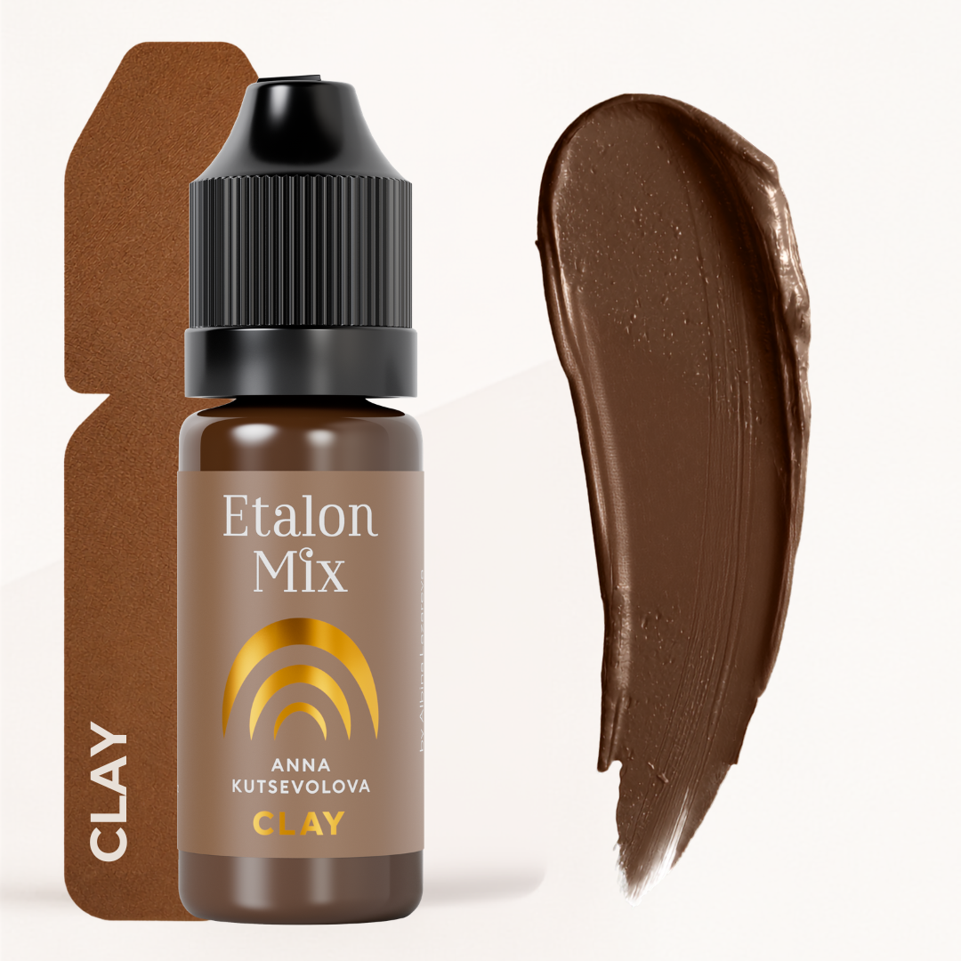 Pigmento sopracciglia Etalon Mix Clay con flacone e swatch marrone caldo su sfondo chiaro.
