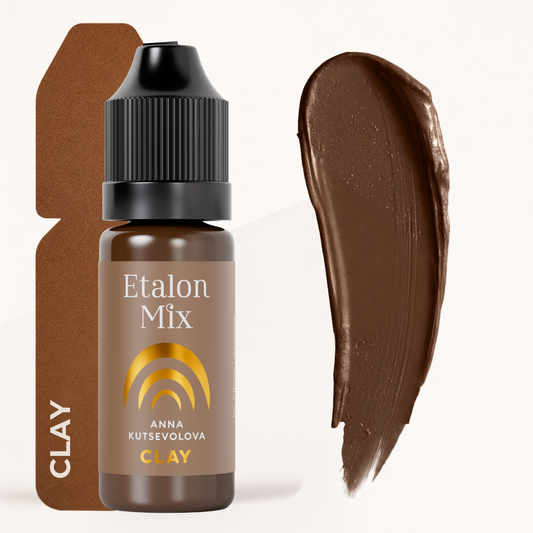 Pigmento sopracciglia Etalon Mix Clay con flacone e swatch marrone caldo su sfondo chiaro.
