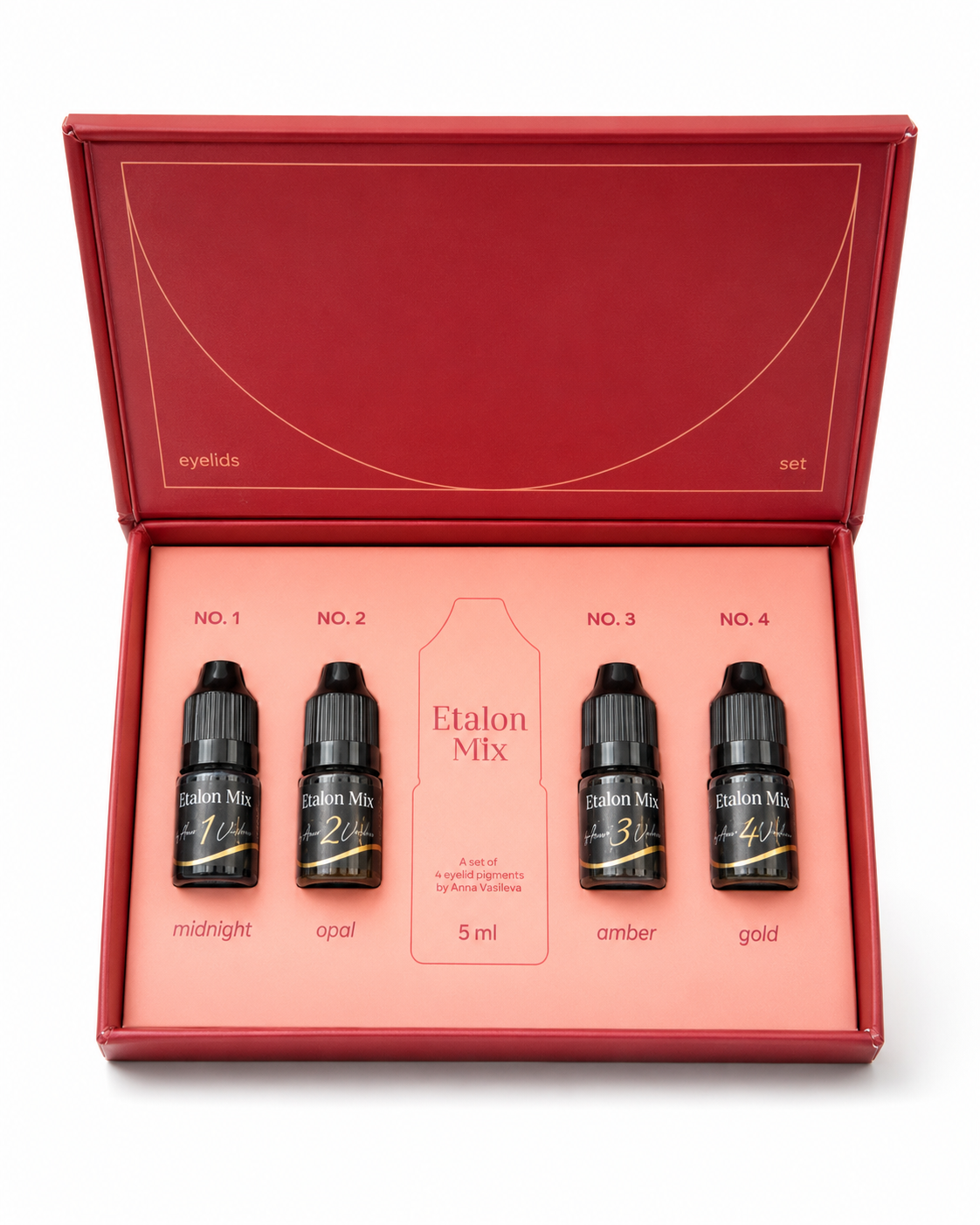 Cofanetto aperto Etalon Mix Eyelids Set con quattro pigmenti PMU per palpebre da 5 ml: Midnight, Opal, Amber e Gold.
