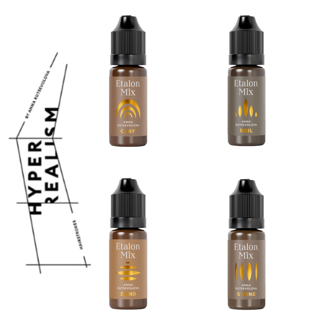 Set Etalon Mix Hyperrealism con quattro pigmenti PMU per sopracciglia nelle tonalità Clay, Soil, Sand e Stone.
