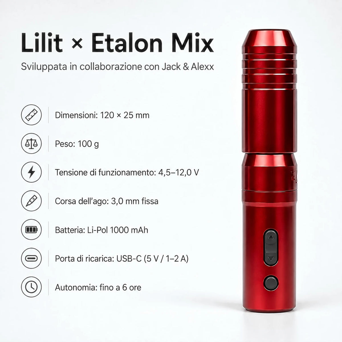 Etalon Mix Lilit Pro, grafica delle specifiche tecniche del dermografo rosso