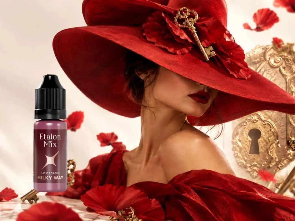 Pigmento Etalon Mix Milky Way accanto a una modella con cappello rosso