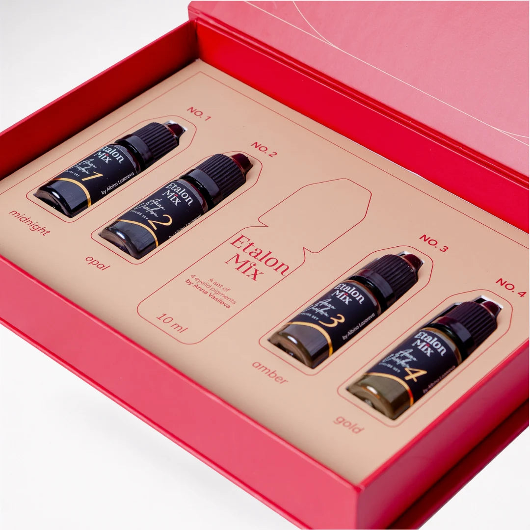 Etalon Mix Set Occhi Anna Vasileva PMU Augenpigment – Farbpalette und Verpackung