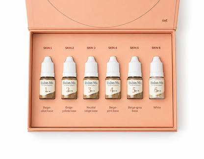 Etalon Mix Skin Set aperto con sei pigmenti camouflage PMU Skin 1, Skin 2, Skin 3, Skin 4, Skin 5 e Skin 6.
