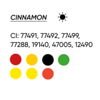 Scheda cromatica FACE Cinnamon con CI 77491, 77492, 77499, 77288, 19140, 47005 e 12490, tonalità calda.
