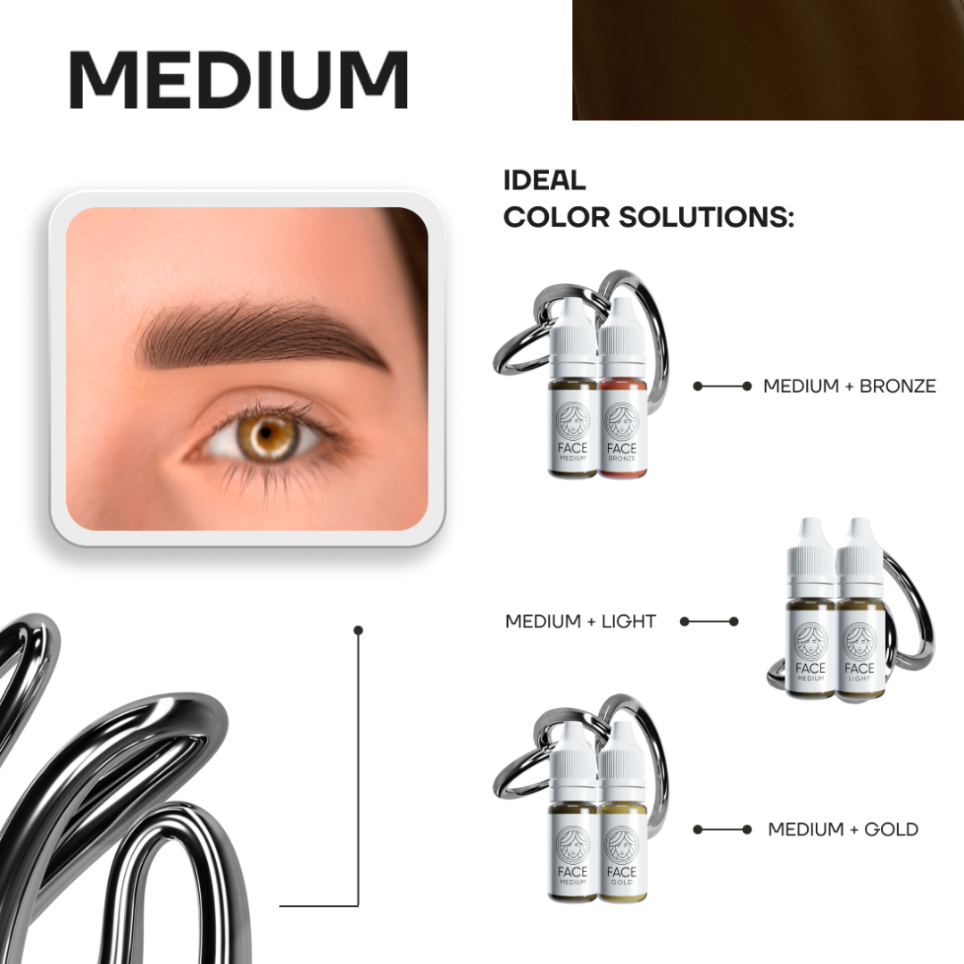 FACE Medium pigmento PMU per sopracciglia con esempio di risultato e miscele consigliate Medium + Bronze, Medium + Light e Medium + Gold