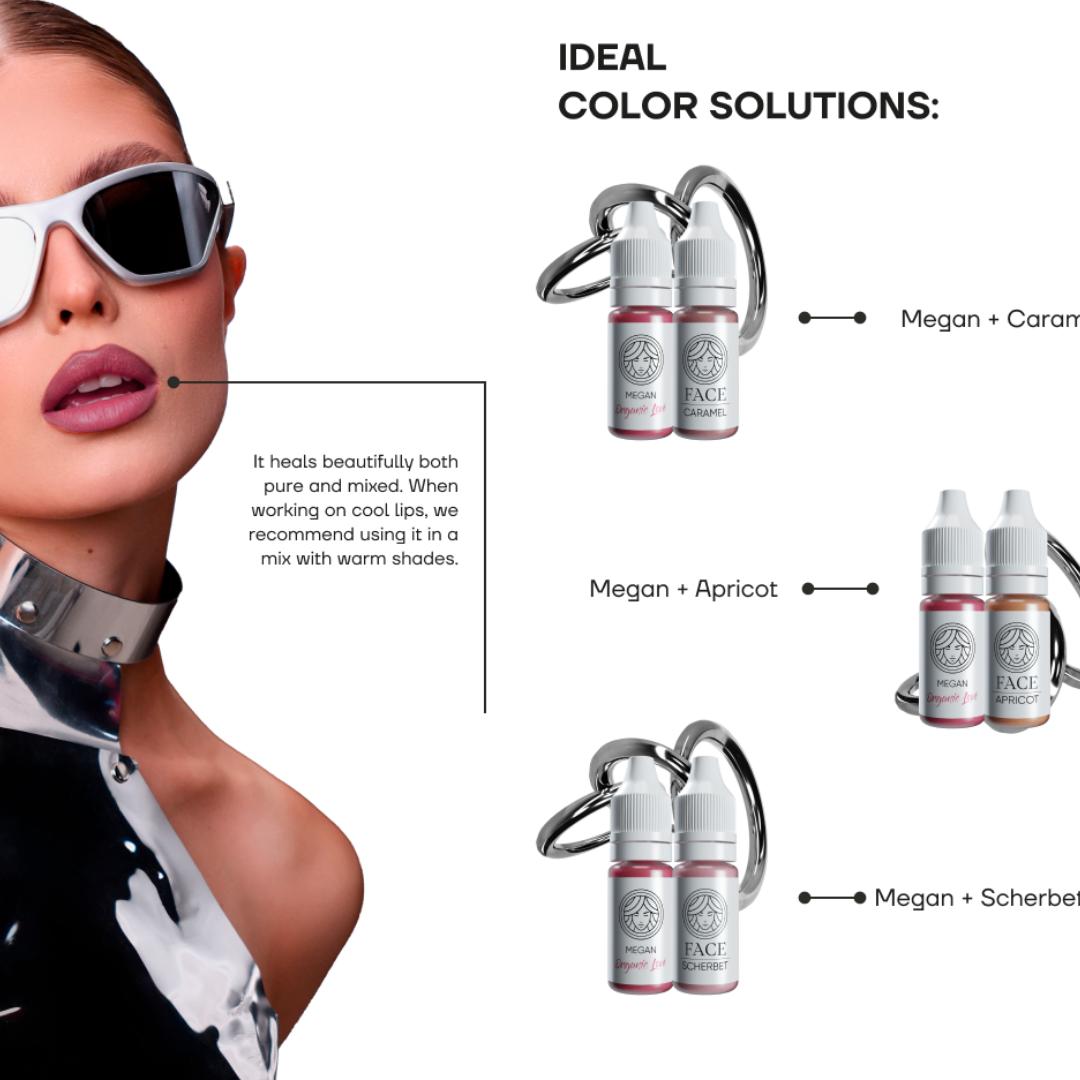 Pigmento PMU labbra FACE Megan utilizzo in miscele professionali effetto berry luminoso combinazioni colore micropigmentazione