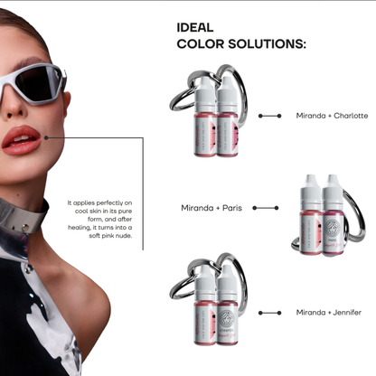 Pigmento PMU labbra FACE Miranda con miscele professionali Charlotte Paris e Jennifer per personalizzare intensità temperatura ed equilibrio del colore labbra
