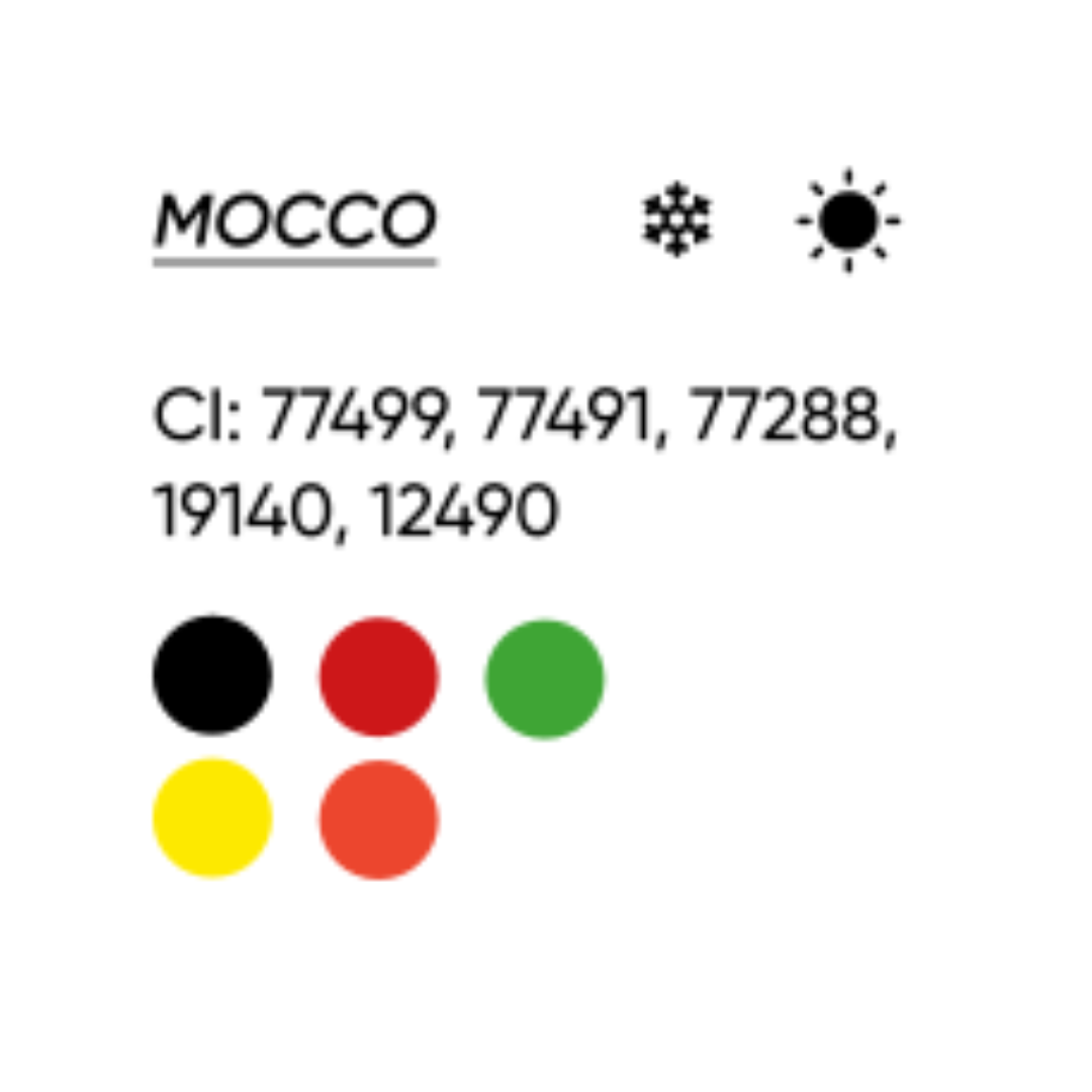 Scheda cromatica FACE Mocco con CI 77499, 77491, 77288, 19140 e 12490 e indicazione di temperatura cromatica.
