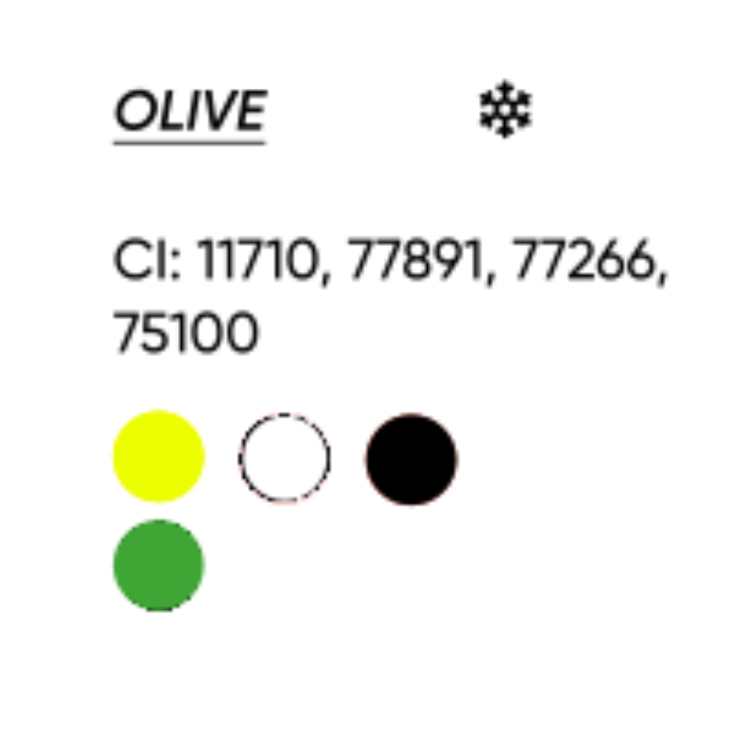 Scheda tecnica FACE Olive con CI 11710, 77891, 77266 e 75100 e indicazione cromatica del pigmento verde oliva.
