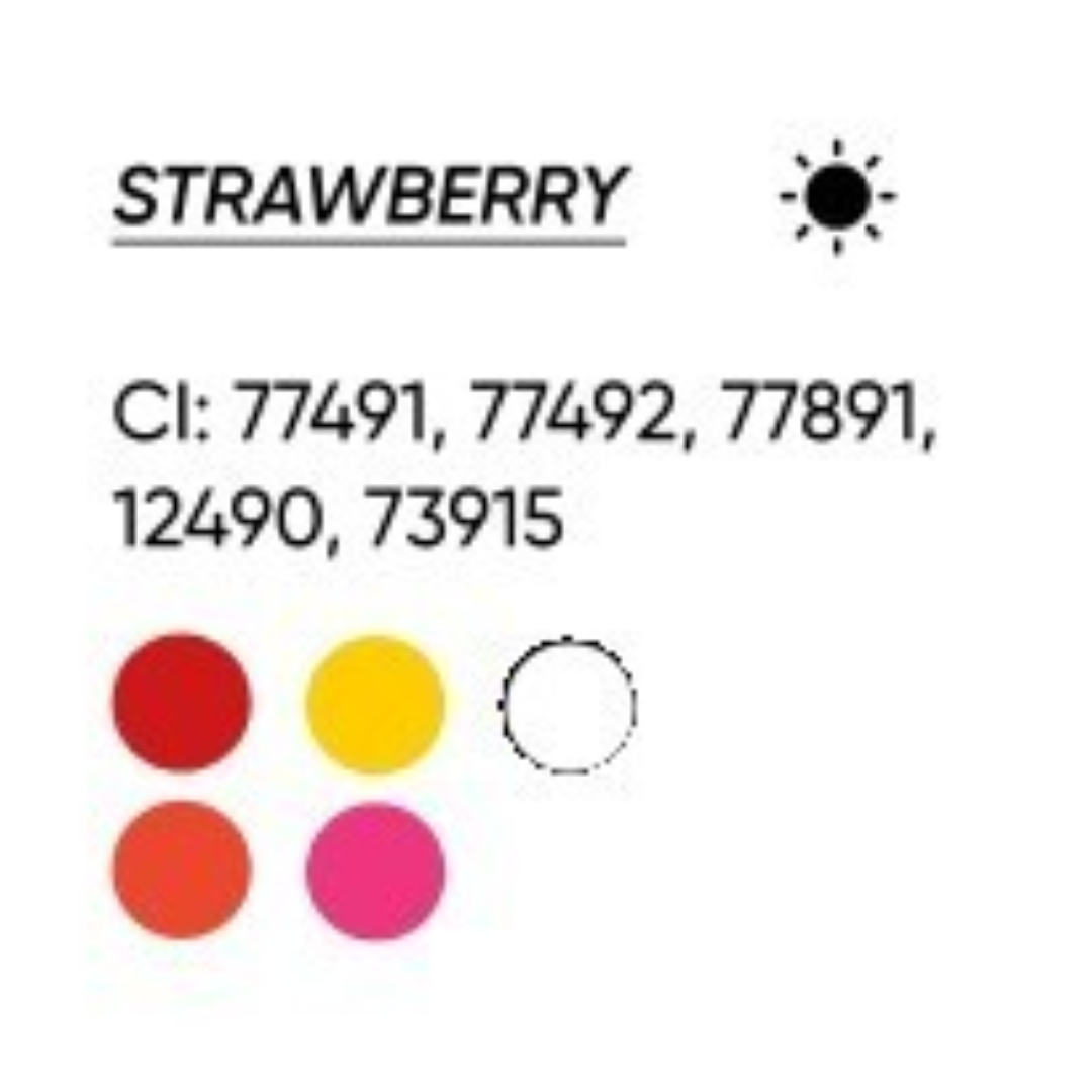 Scheda cromatica FACE Strawberry con CI 77491, 77492, 77891, 12490 e 73915 e indicazione di tonalità calda.
