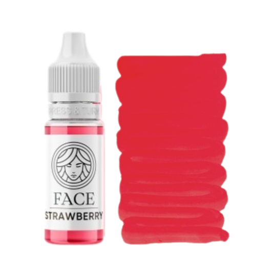 Pigmento PMU FACE Strawberry con flacone e campione colore rosa fragola intenso per trucco permanente labbra.
