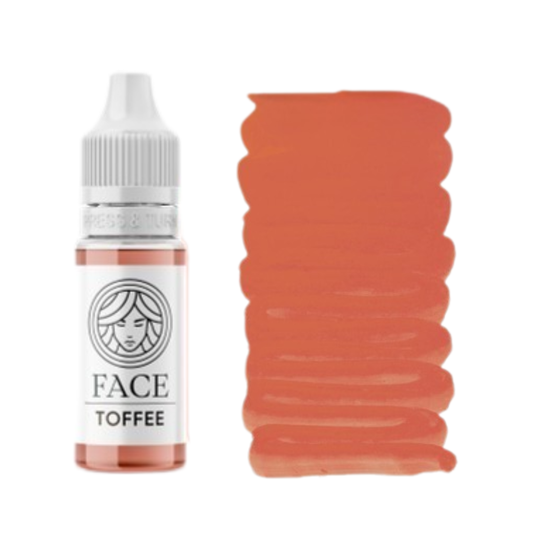 Pigmento PMU FACE Toffee con flacone e campione colore nude caldo rosato per trucco permanente labbra.
