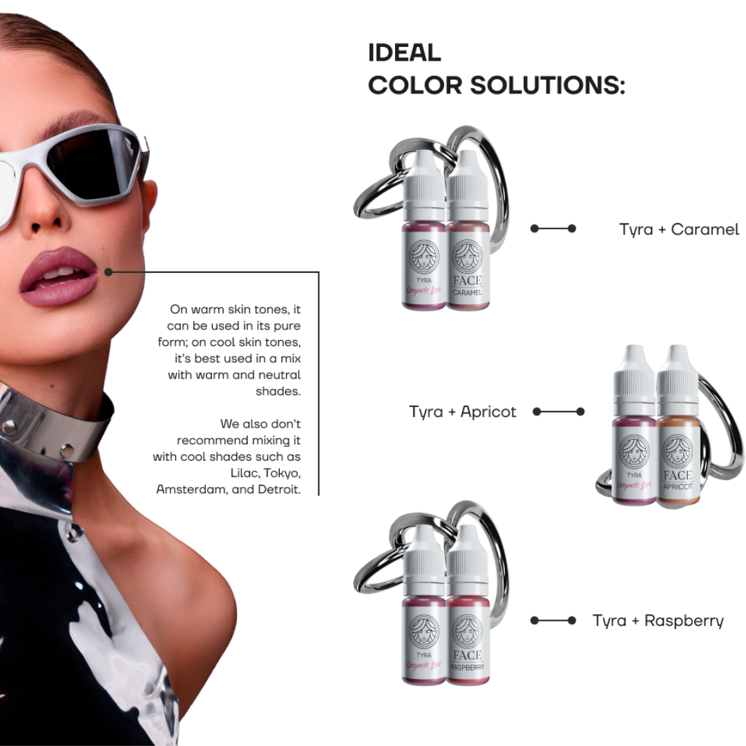 Miscele pigmento PMU per labbra FACE Tyra con Caramel Apricot e Raspberry combinazioni colore per micropigmentazione labiale professionale