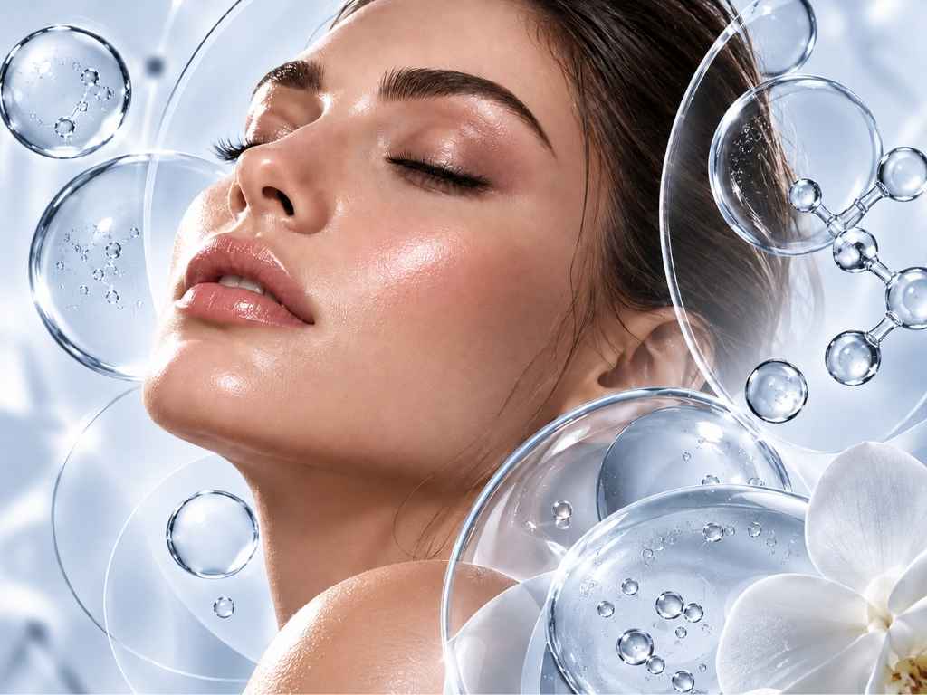 Guida Beauty e skincare: viso dalla pelle luminosa con elementi grafici di idratazione
