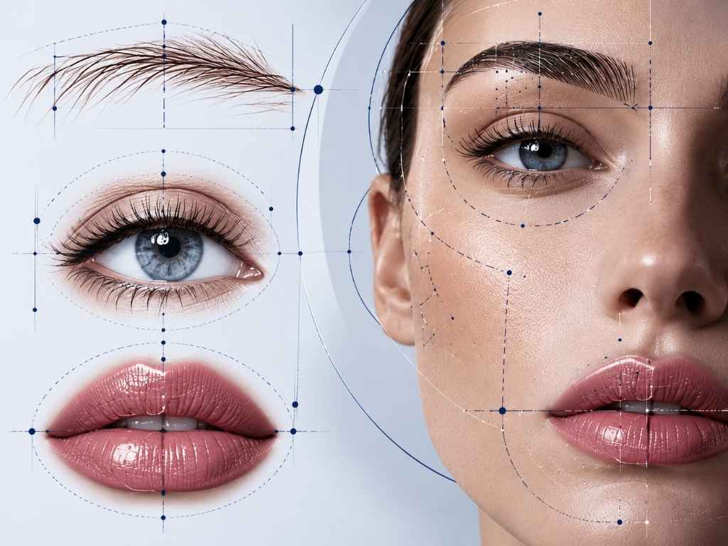 Guida PMU: sopracciglia, occhi e labbra con linee di progettazione del viso
