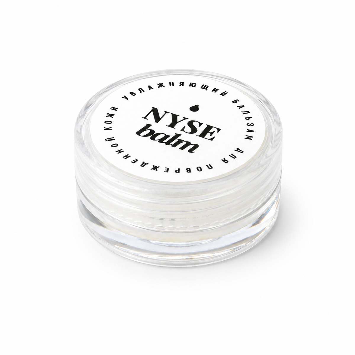 Vasetto trasparente chiuso di NYSE Balm con etichetta bianca e logo nero.