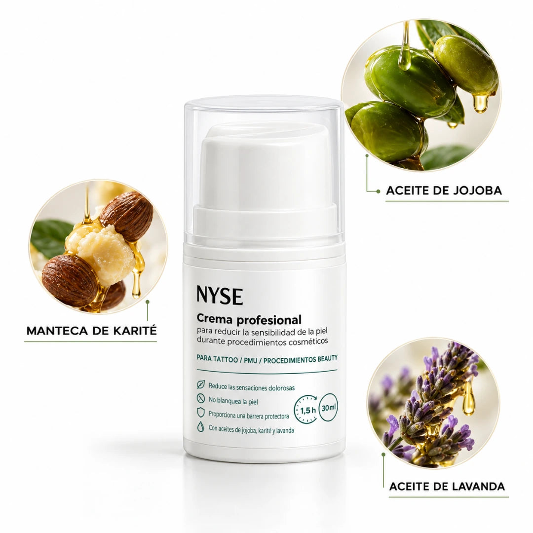 Balsamo professionale NYSE: flacone con illustrazioni degli ingredienti riportati nella grafica