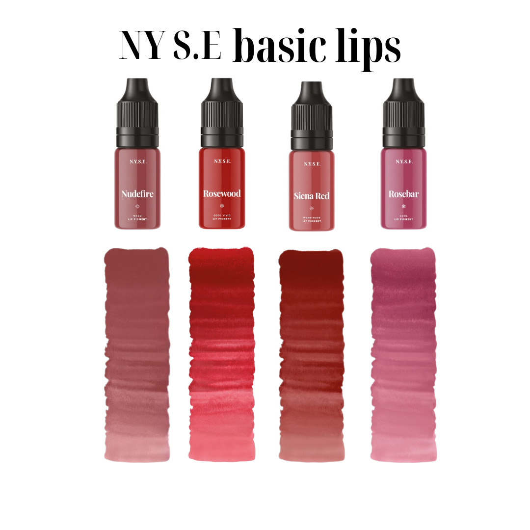 Palette NYSE Basic Lips con pigmenti PMU labbra Nudefire Rosewood Siena Red e Rosebar per trattamenti lip blush
