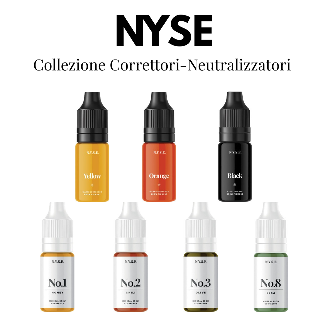 Collezione NYSE di correttori e neutralizzatori per sopracciglia con Yellow, Orange, Black, N°1 Honey, N°2 Chili, N°3 Olive e N°8 Elka.
