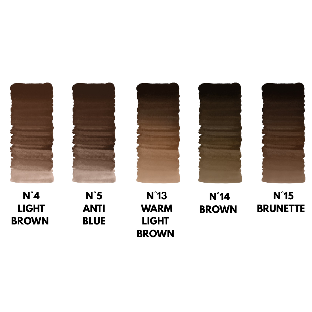 Collezione minerale NYSE con cinque pigmenti PMU per sopracciglia: N°4 Light Brown, N°5 Anti Blue, N°13 Warm Light Brown, N°14 Brown e N°15 Brunette.
