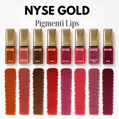 Collezione NYSE Gold di pigmenti PMU per labbra con otto tonalità e relativi swatch colore, dal rame e nude caldo fino al rosa, corallo e vino.
