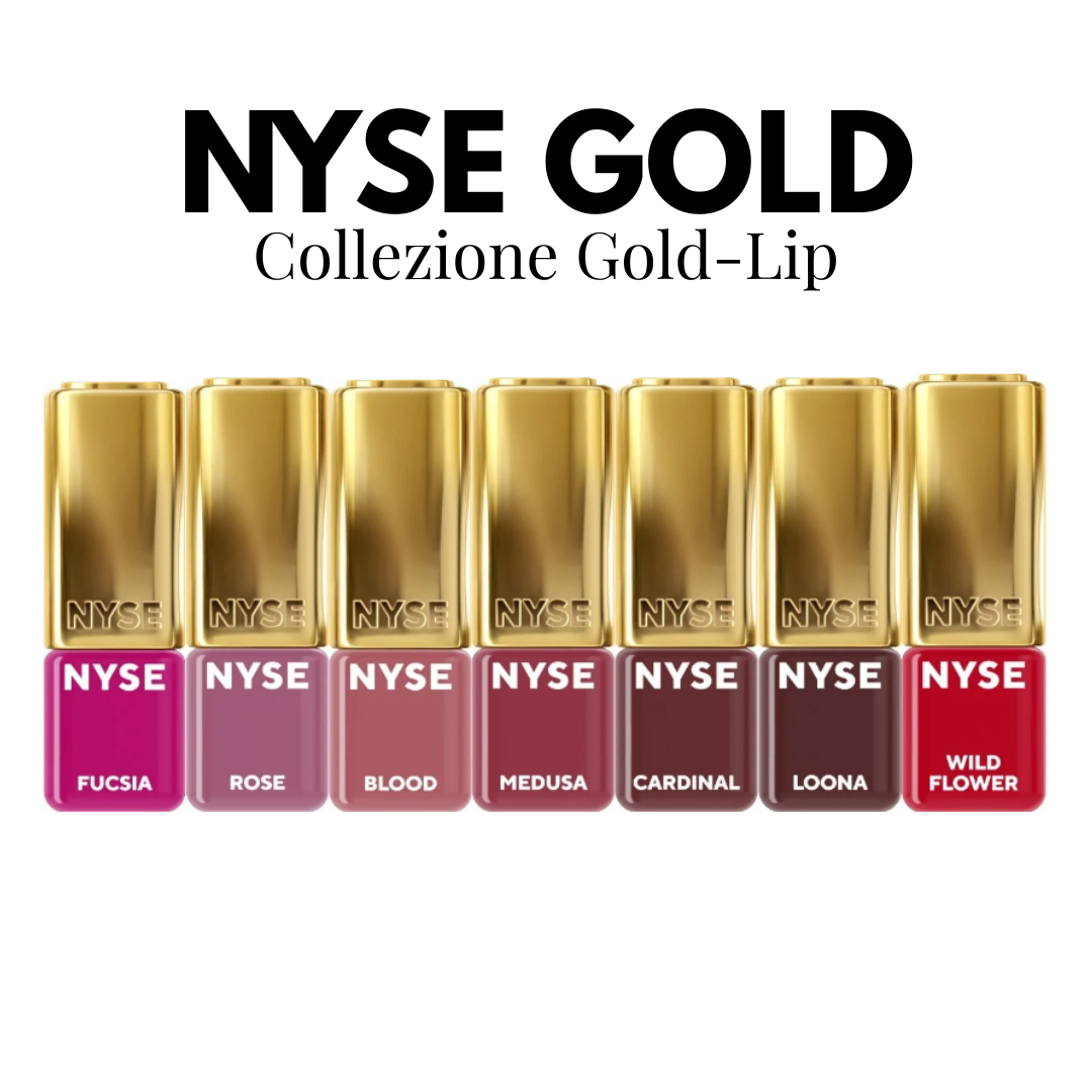 Collezione NYSE Gold-Lip con sette pigmenti PMU per labbra: Fucsia, Rose, Blood, Medusa, Cardinal, Loona e Wild Flower.

