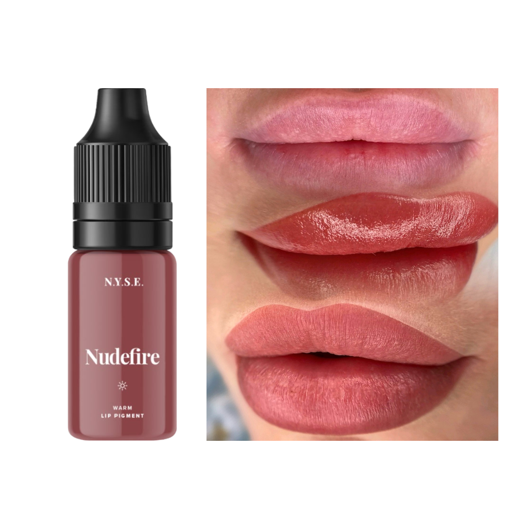 Pigmento PMU labbra NYSE Nudefire con esempio visivo di risultato lip blush nude caldo su labbra