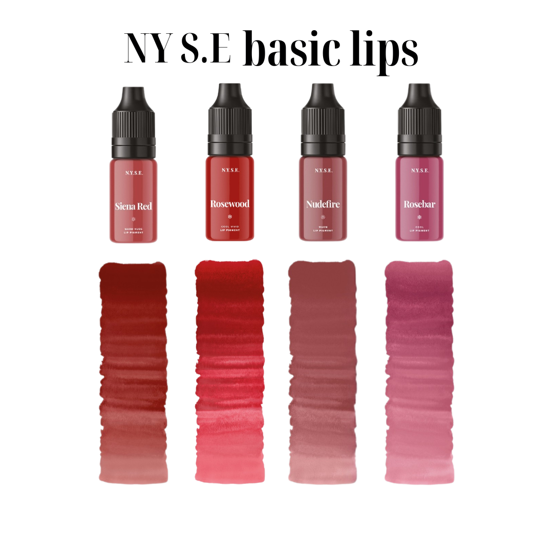 Gamma pigmenti PMU N.Y.S.E. Basic Lips con Siena Red nude neutro rosato confronto tonalità professionali per dermopigmentazione labbra