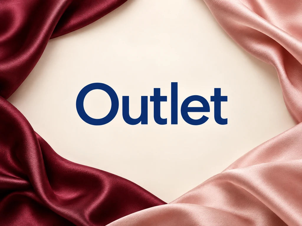 Outlet pigmenti PMU: scritta blu su fondo avorio con drappeggi bordeaux e rosa