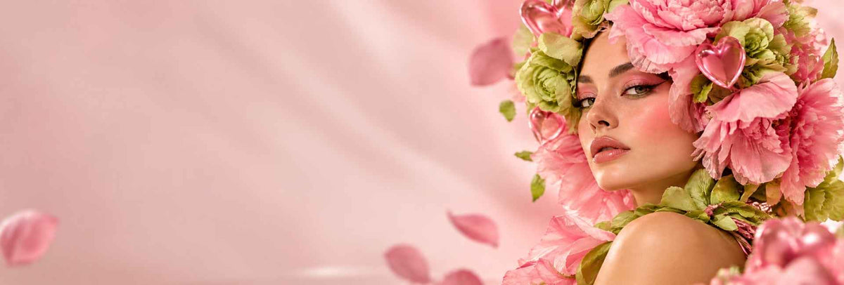 Ritratto femminile tra fiori rosa e petali – Peintò